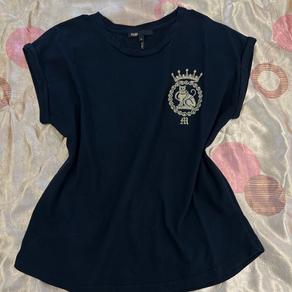 Maje black T-Shirt with Golden Cat Embroidery